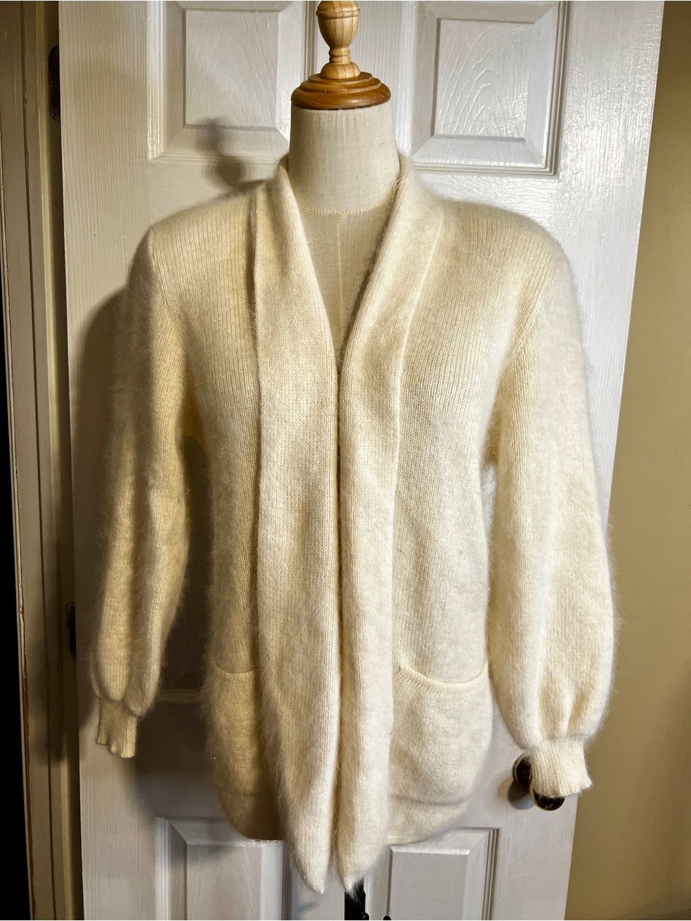 French Rags Brenda French Vtg 90s Cream Angora Lambswool Shawl Open Cardigan M